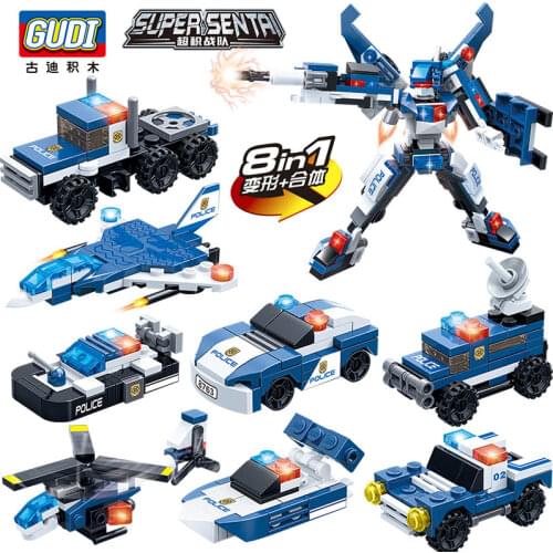 291pcs+ 8 plane/boat/tank/truck transform IN 1 police robot /8 military LCAC/M1117creative diy Building Blocks Kids Toys Gift