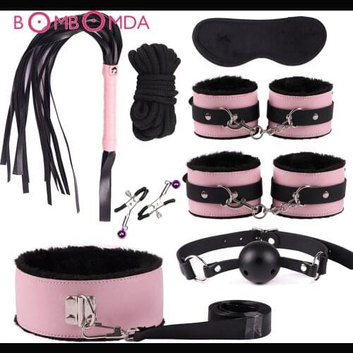 BDSM Sexy Adjustable Plush Leather Nipple Clips Handcuffs Whip Collar Gagging Erotic Tease Games Bondage Restrictions Sex Toys