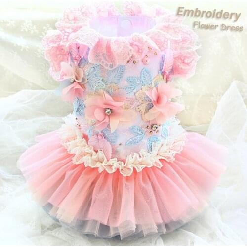 Free Shipping Dog Clothes Handmade Dog Dress Pet Clothes Embroidered Crystal Flowers Pink Lace Collar Cuff Rainbow Skirt Cat