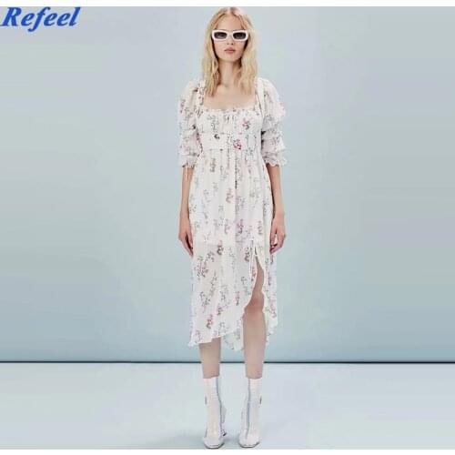 Bohemian beige women dress elegant print ruffles high waist square collar summer double-face wearing princess dress girls