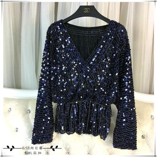 Cakucool New Long Sleeve Sequined Blouse Shirt Deep V-neck Sexy Blusas Beading Bling Elegant Blouses Shirts Tops Female Spring