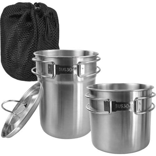 Stainless Steel Cooking Cup Pot with Vented Lid Folding Handle for Camping Hiking Fishing Backpacking