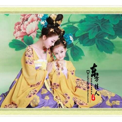 Da Tang Chuan Qi TV Play Legend of Wu ZeTian Print Chiffon High Wasit Dress Mum- Daughter Parent Child Tang Female Costume Sets