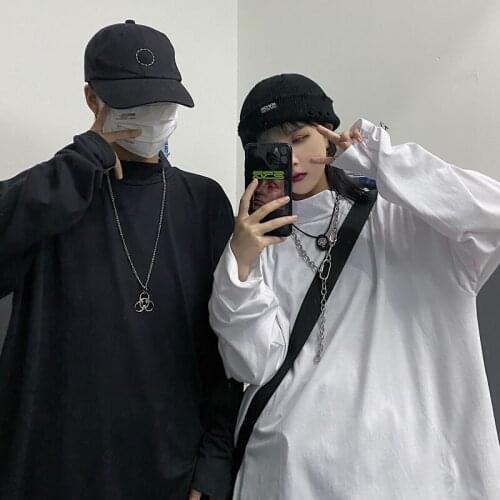 Korea Hip-Hop Streetwear High Collar Basic Solid Color Long Sleeve t-Shirts Couple Oversized Ulzzang punk Clothes Harajuku Top