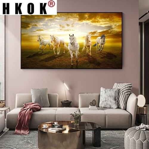 HKOK Five Horses Running on the Grassground Canvas Paintings On the Wall Art Posters Prints Animals Sunset Pictures Home Decor