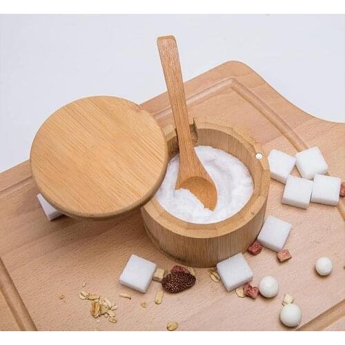 Natural Wooden Salt Box Spice Jar Sugar Bowl Pepper Box Salt Seasoning Container Storage With Lid Kitchen Salt Holder