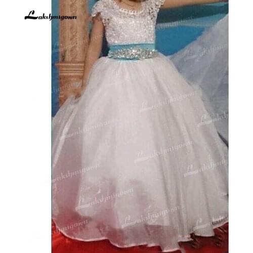 Flower Girl Dresses Lace Backless Cap Sleeves Baby Girl Birthday Party Christmas Communion Dresses Children Girl Beads Sash