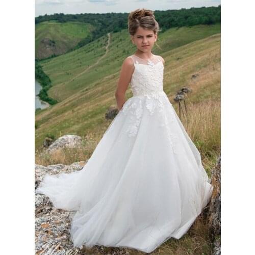 Lace applique Sleeveless Tulle Girls Fashion Flower Girl Dresses Girl Prom Gowns First Holy Communion Dresses