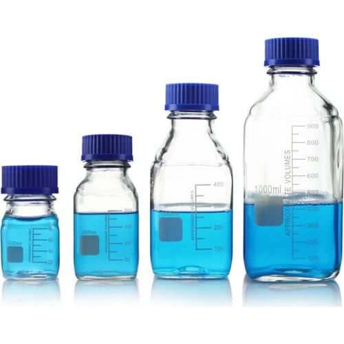 Blue Lid Reagent Bottle Glass Square Bottle Transparent with Scale Laboratory Reagent Bottle 100/250/500/1000ml