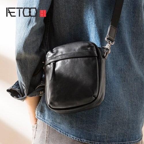 AETOO Trendy leather messenger bag, top layer cowhide all-match mini mens bag, youth casual shoulder bag