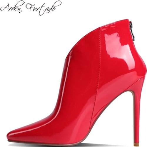 Arden Furtado 2021 Autumn Fashion Pointed toe Stilettos heels Back zipper Womens shoes Sexy Black Red shiny leather boots 42 43