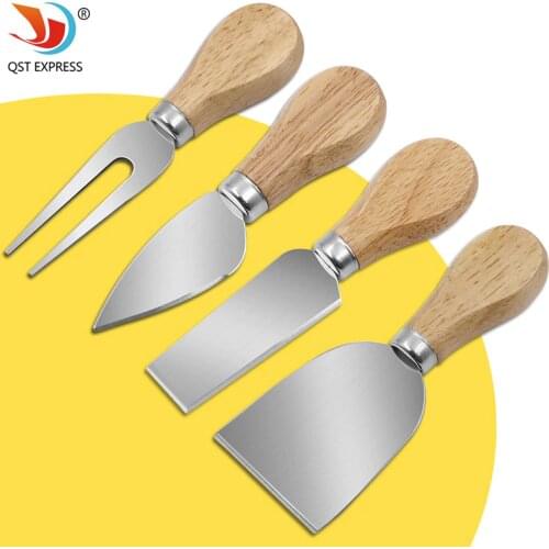 Set of 4 Cheese Knives Stainless Steel Cheese Cutlery Cheese Slicer Wood Handle Mini Knife Butter Knife Spatula and Fork