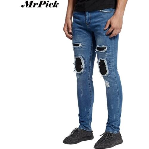 New Men Tapered Leather Knee Biker Jeans Fashion Casual Designer Brand Stretch Skinny Jeans