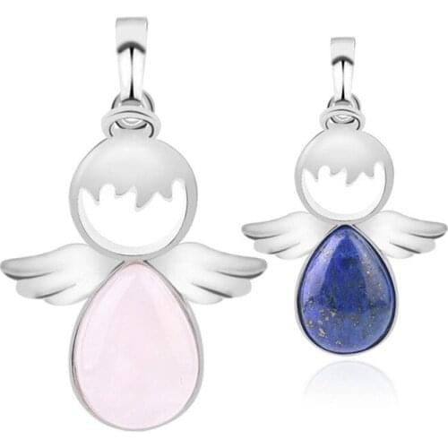 2Pcs/Pack 42x26mm Lovely Angel Wing Necklace Pendant Natural Semi-precious Fairy Pendants Crystal Rose Quartz Opal Birthday Gift