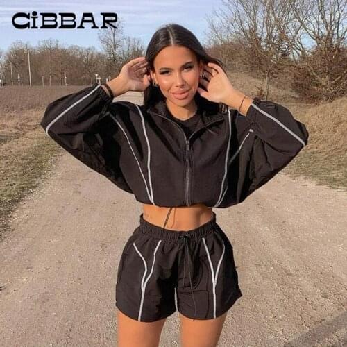 CIBBAR Solid Patchwork Black Womens Tracksuit Summer Long Sleeve Coat+rElastic Shorts Matching Sets Casual Slim Sporty Outfits