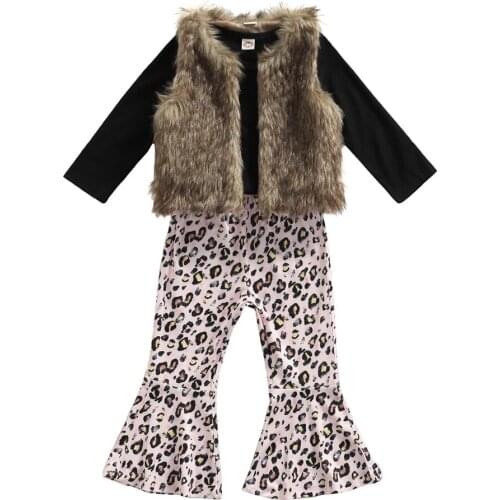 Infant Kids Baby Girls Casual Three-piece Clothes Set, Pullover, Leopard Printed Pattern Pants and Faux Fur Waistcoat 2-7T