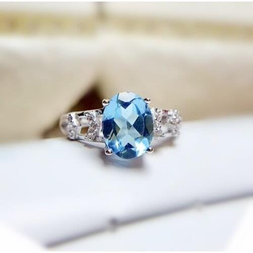 Natural real blue topaz oval simple ring Per jewelry 7*9mm 2.5ct gemstone 925 sterling silver Fine jewelry T20899