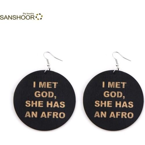 SANSHOOR African Carved 6cm Wood Drop Earrings I Met God She Has An AFRO Ethnic Halloween Jewelry For Women Blacks 1Pair
