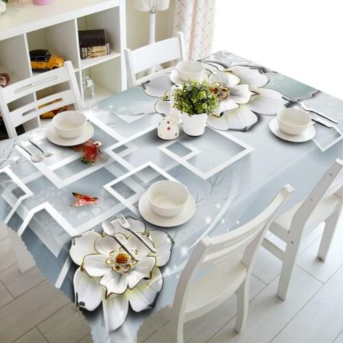 3D Stripe White Flower Tablecloth Fashion Plaid Rose Waterproof Thicken Rectangular and Round Table Cloth for Wedding