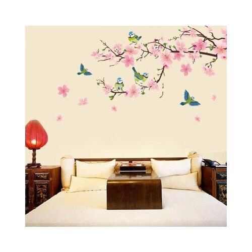 Chinese Style Vintage Peach Blossom Flower Home Decor Stickers Wall Sticker Birds Living Room Decoration Wall Decal Poster