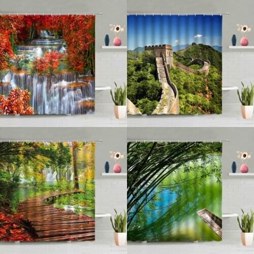 Natural Scenery Shower Curtain Waterfall Green Forest Flowers Mountain Wooden Bridge Great Wall Bathtub Decor Screen Washable