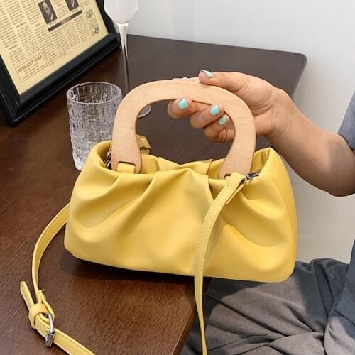 Soft Leather Pleated Shoulder Bags for Women Wooden Handle Crossbody Handbag Small Clutch Cloud Bag Solid Color Ladies Tote Bag