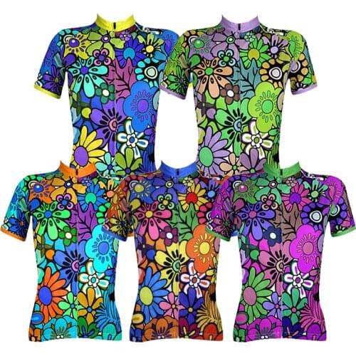 Womens Short Sleeve Cycling Jersey - Rainbow Floral/ Botanical Plus Size Bike Jersey Top Breathable mtb jersey