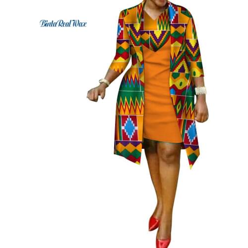 New African Print Dress and Suit Coat for Women Bazin Riche Cotton 2 Pieces Sets Traditional African Women Clothes WY586