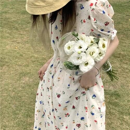HziriP 2021 New Women Summer V-Neck Apricot Floral Elegant Loose Cute Sweet Printing Casual Mid-Calf Puff Sleeve Long Dress