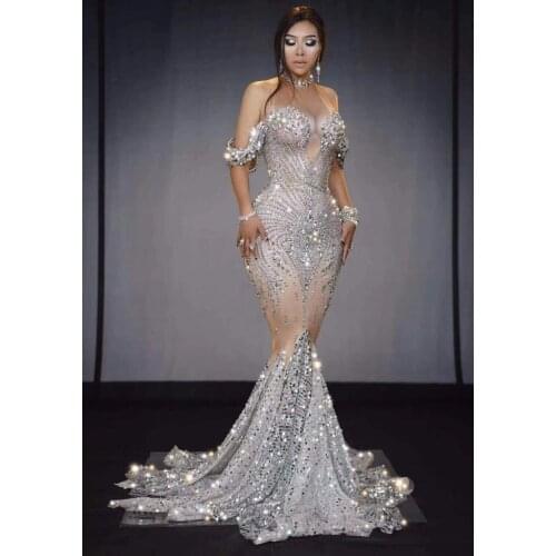 Long event costume Dance Outfit New Sexy shiny Mermaid Arabic Evening Party Dresses Sparkly Rhinestones Celebrate Dresses