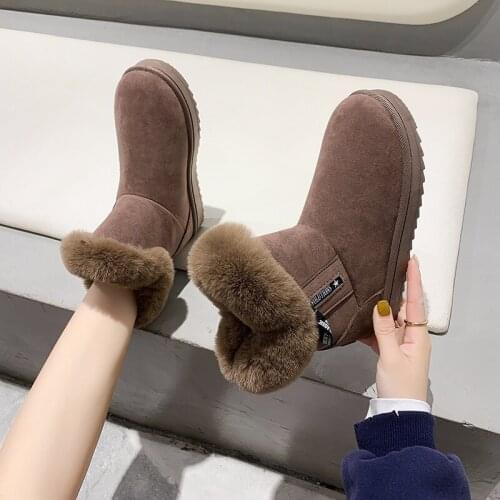 Winter Boots Solid Color Plush Fur Warm Ankle Boots Round Toe Flat Women Shoes Flock Slip On Boots Big Size Footwear 36-41