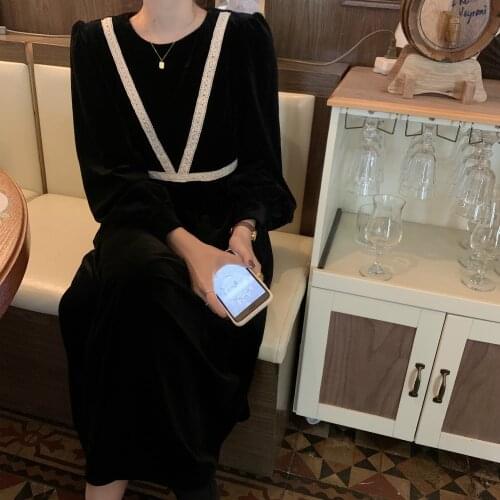 2021 New Women Spring Elegant Black Velvet Lace Patchwork Long Dress Slim Waist Zipper A-line Midi Dresses