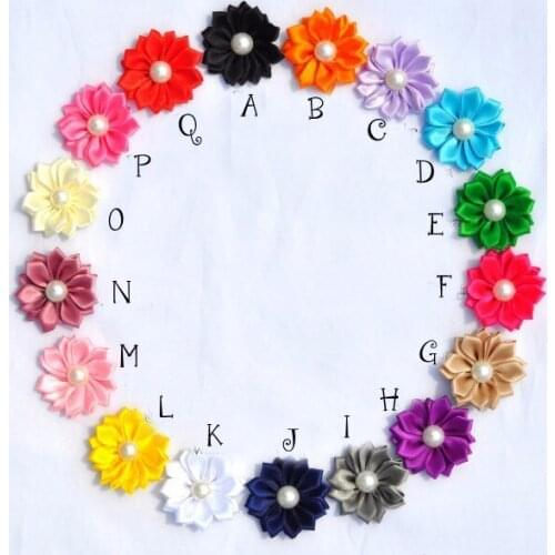50pcs/lot 4cm 17colors Artificial Satin Ribbon Flower+Pearl Center For Kids Girls Hair Accessories Fabric Flowers For Headbands