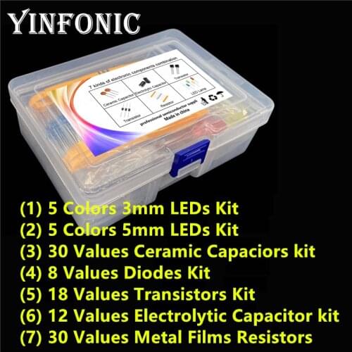 7 kinds components Kit 3mm/5mm LED Kit, Diode/Transistor kit, Ceramic/electrolytic capacitors Kit, Metal film resistor Kit BOX