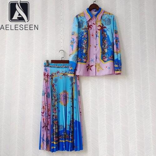AELESEEN Runway Fashion Blue Skirt Sets 2021 Autumn Winter Elegant Shirt+Long Pleated Skirt Starfish Print 2 Pieces Sets