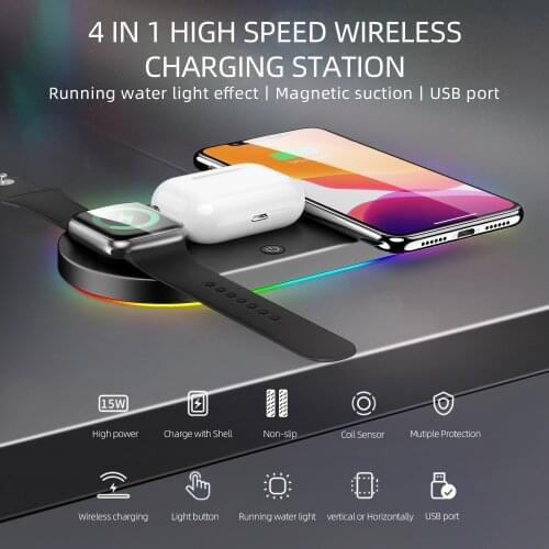 4 in 1 Fast Charger Mag Safe Wireless Iphone 12 Huawei Mate Samsung Galaxy Note Iwatch 5 4 3 Earphone Magnet Charging With Light