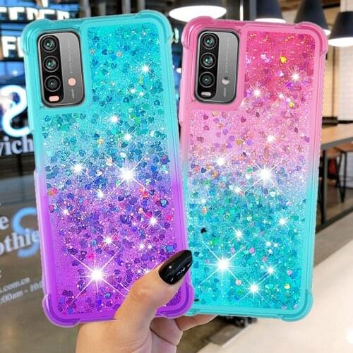 Shockproof Gradient Glitter Liquid Case For Xiaomi POCO M3 POCOM3 Coque Bling Dynamic Quicksand Star Heart Love Cover