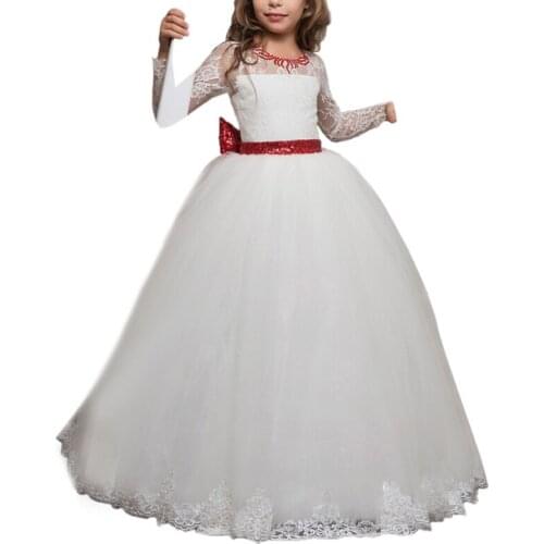 Long sleeve little girls dresses with bow kids ball gown vestido de daminha menina lace red and white flower girls dresses