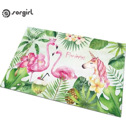 Flamingos and unicorn mat Doormats Front Door Mats Carpet Entrance Indoor Tropical rain forest plant Non-slip Floor Mat