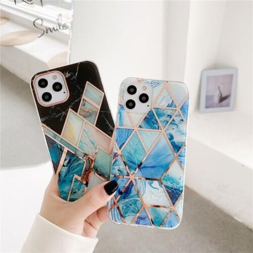 Glossy Geometric Blue Marble Plating Gold Line Phone Case for iPhone 11 12 Pro XS Max XR X 7 8 Plus SE 2020 Back Cover Female