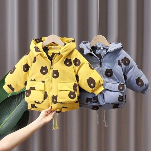 INS HOT Baby Boys winter coat Cartoon print bear padded cotton parka 0-5 years old Hooded winter clothes boys clothes