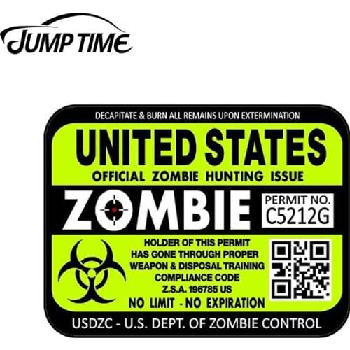 JumpTime 13cm x 9.9cm ZOMBIE Series "United States" Hunting License Permit Car Stickers Retro-reflective Decal Rear Windshield