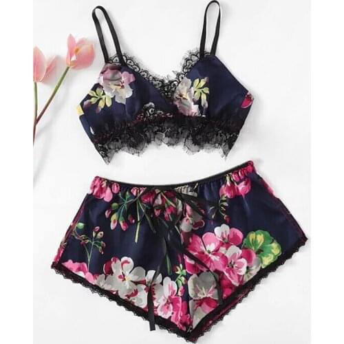 2Pcs Sets Women Sexy Underwear Set Floral Print Lace Patchwork Bra+Bowknot Briefs Female Soft Lingerie