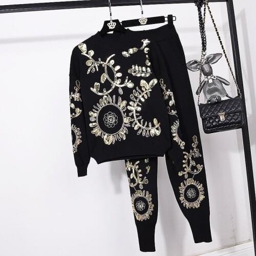 White Red Black Sequins Embroidery Flowers Knit Tracksuits Set Women Loose Casual Sweater Long Pants Outfits Female Streetwear