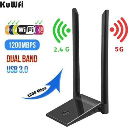 KuWFi USB 3.0 Wifi Adapter 1200Mbps PC Wi fi Receiver 2.4G&5.8G RTL8812BU Antenna USB Ethernet Lan Wifi Dongle With 2*5dBi