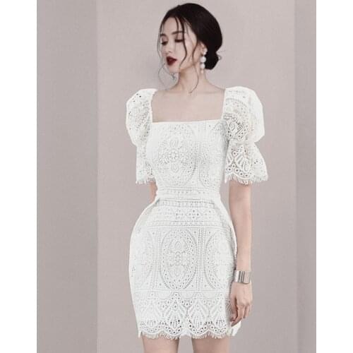 LLZACOOSH Female Elegant White Lace Party Dress Women 2020 New Summer Puff Sleeve Vintage High Quality Runway Dresses Vestidos