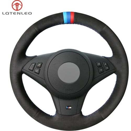 LQTENLEO DIY Hand-stitched Car Steering Wheel Cover Black Suede For BMW E60 E61 530d 545i 550i E63 E64 630i 645Ci 650i 2003-2010