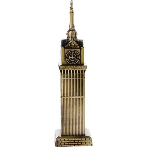 Retro Metal Mecca Tower Statue w/ Clock Building Figurine Model for Home Decor Bars Cafes Restaurants Wedding Party Ornament