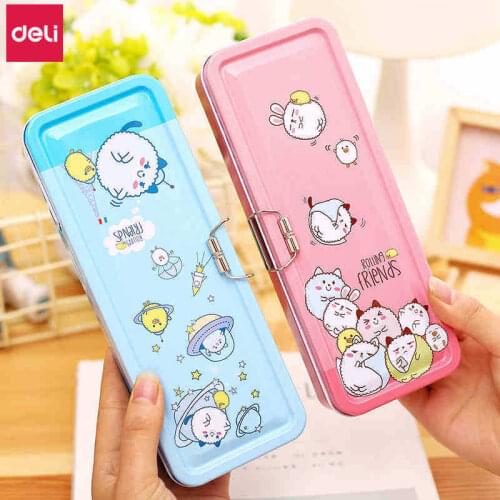 Deli Metal Pencil Box 5 Pcs Cute Cartoon Three Layers Multifunction Pencil Case Student Stationery School Supplies Kids Gift