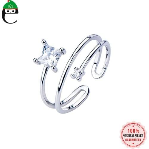 ElfoPlataSi 925 Sterling Silver Fashion Double Layer Square CZ Adjustable Ring For Women Wedding Fine S925 Jewelry DD1042